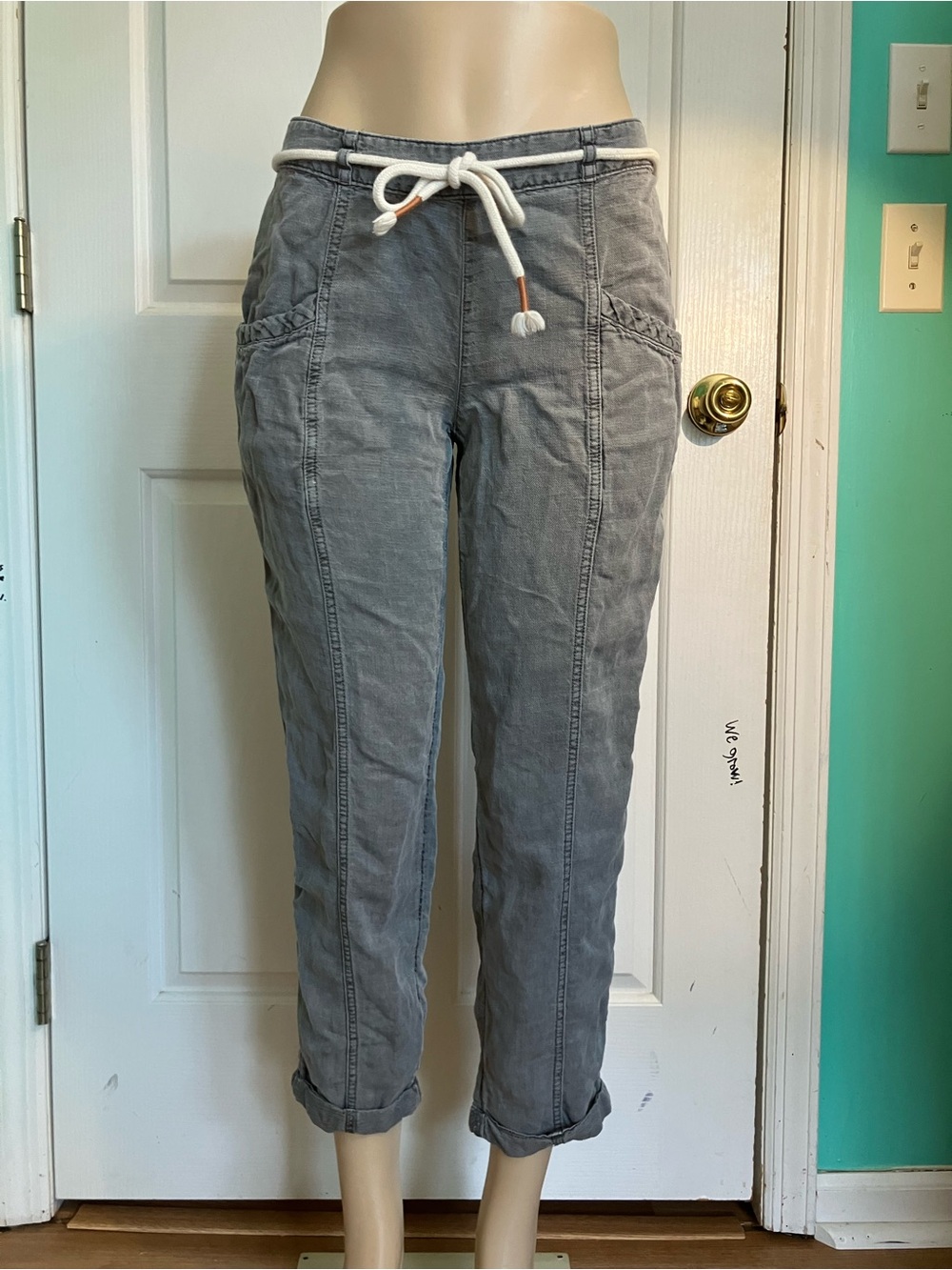C&C California Gray Cropped Linen Blend Drawstring Pants